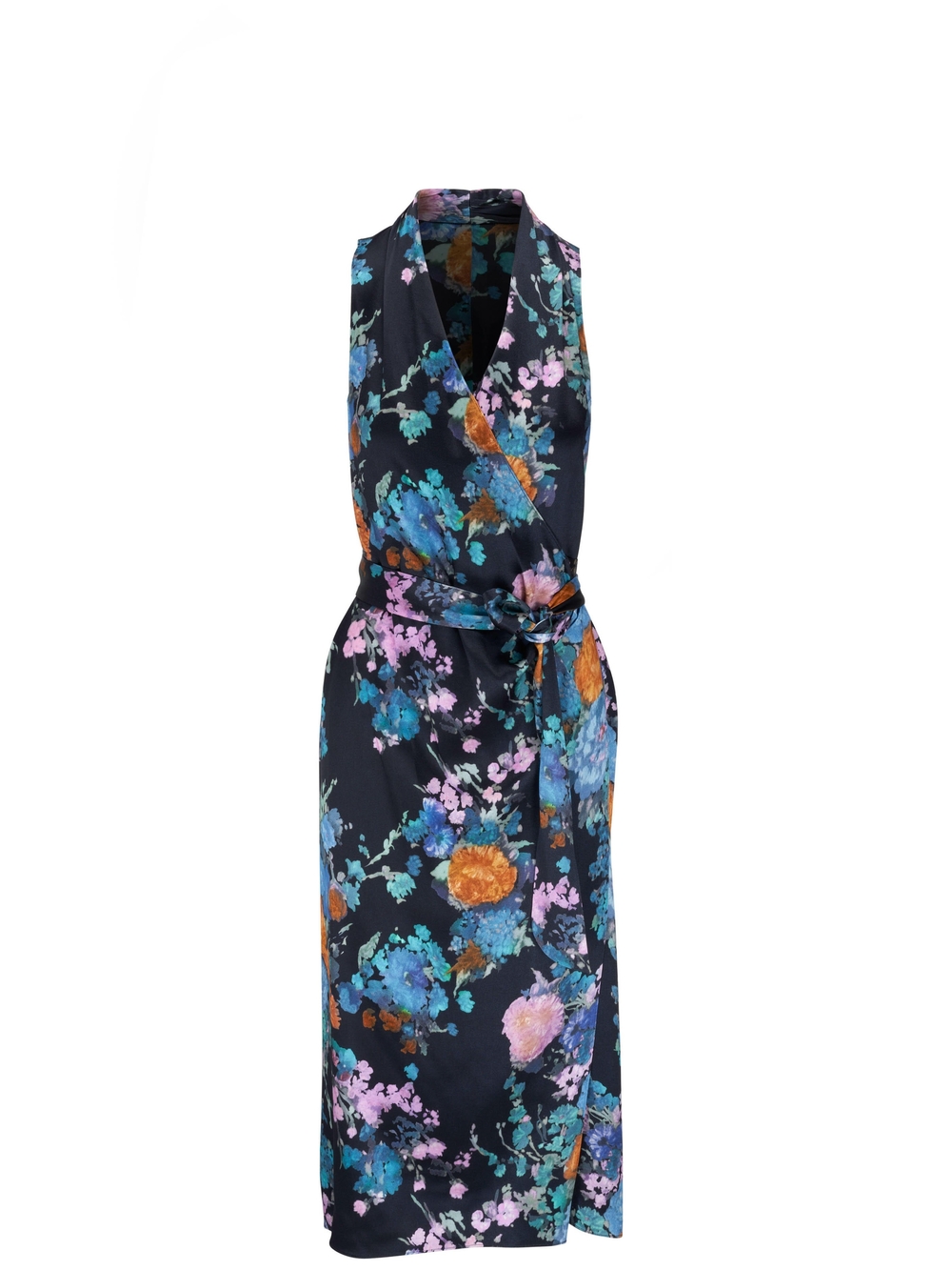 Sleeveless Floral Wrap Dress in Navy